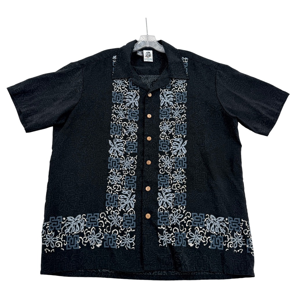 Kennington Ltd California Mens XL Black Floral Tribal Graphic Button Up Shirt